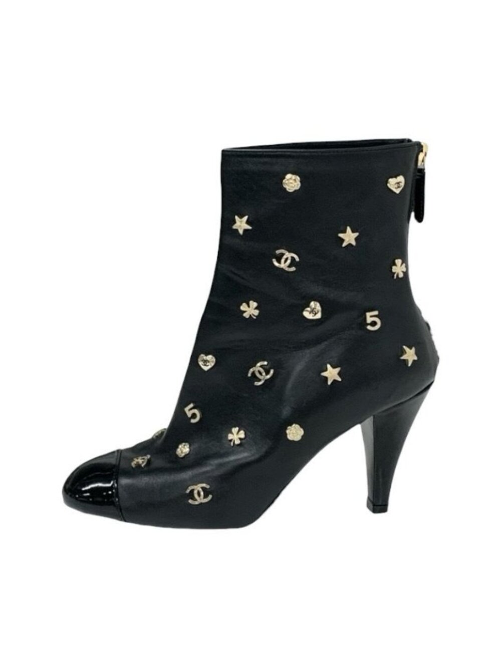 Chanel Boots Short Shoes Leather Patent Black Gold Coco Mark Icon Logo - Picture 3 of 9